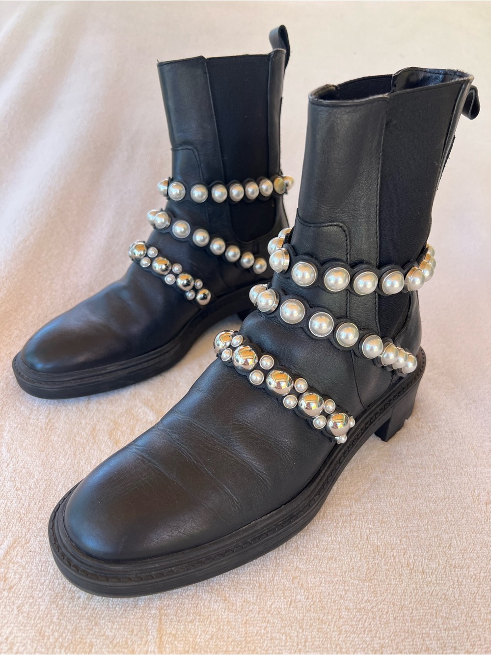 Zara Leather Pearl Strap Ankle Boots Block Heel Size 8 Black - Picture 3 of 12